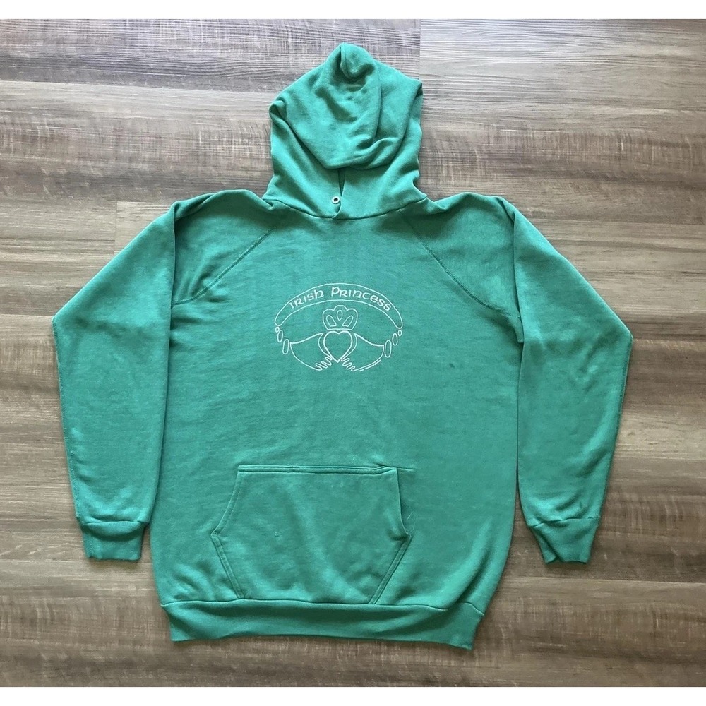 Hoodie Womens Medium Green‎ Irish Princess Fleece Pullover Raglan Pocket Graphic